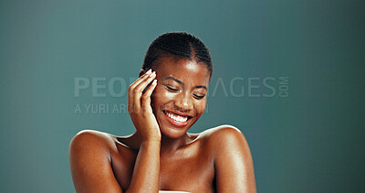 Buy stock photo Black woman, hand and happiness for skincare in studio background with pride or satisfied for results. Female person, beauty and glow with mockup space for transformation, body care or skin treatment