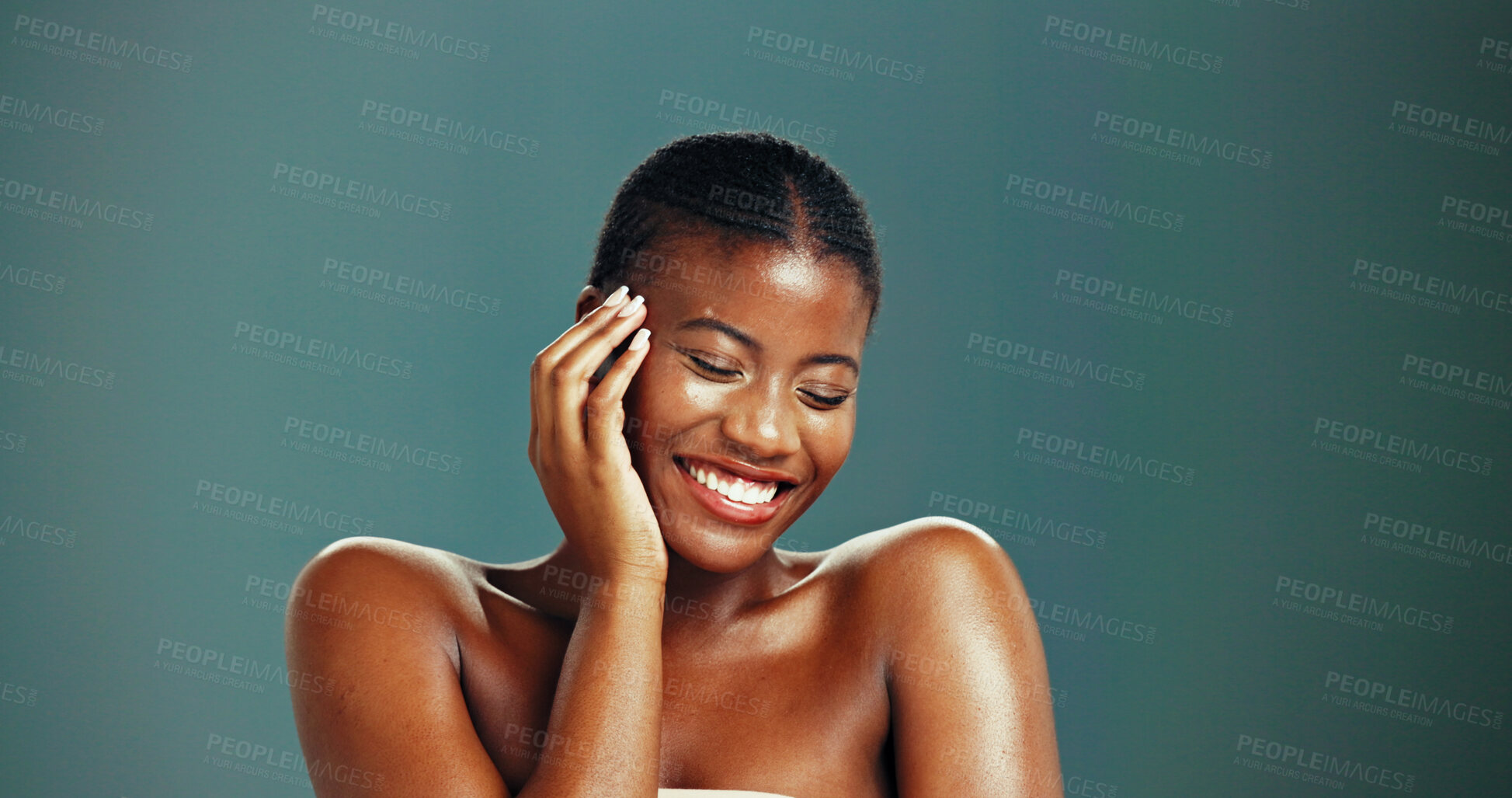 Buy stock photo Black woman, hand and happiness for skincare in studio background with pride or satisfied for results. Female person, beauty and glow with mockup space for transformation, body care or skin treatment