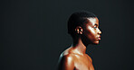 Natural beauty, black woman and profile for skincare with glowing face, dermatology or wellness. Mockup space, person and cosmetics for self care, healthy shine or skin hydration on studio background