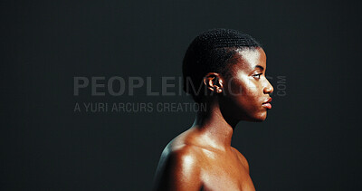 Buy stock photo Natural beauty, black woman and profile for skincare with glowing face, dermatology or wellness. Mockup space, person and cosmetics for self care, healthy shine or skin hydration on studio background