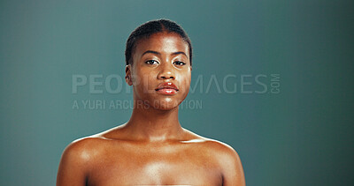 Buy stock photo Portrait, skincare and confident black woman with beauty, glow and shine on studio background. Face, serious and African model in makeup cosmetics for dermatology, aesthetic and spa facial treatment