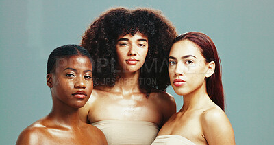 Buy stock photo Women, diversity and portrait for skincare in studio background for inclusive beauty. Natural, people and eyes closed with glow in confidence with empowerment, body care and skin treatment or support