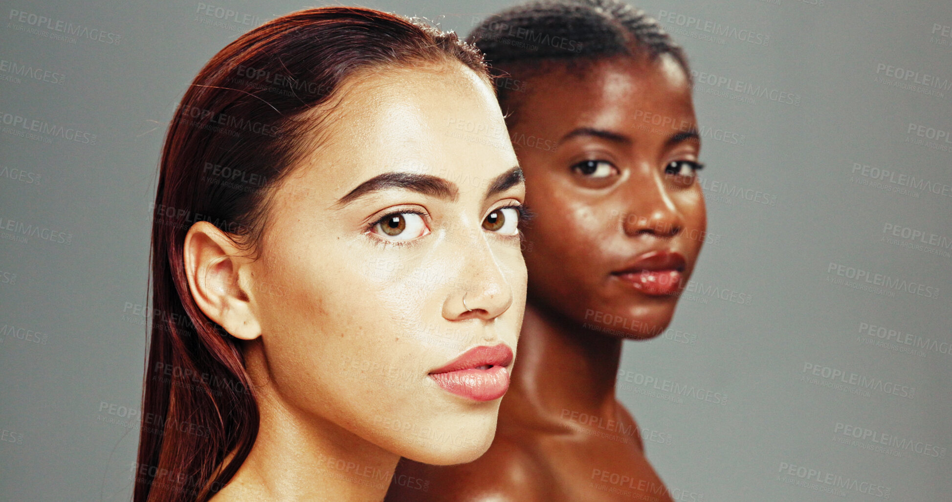 Buy stock photo Studio, portrait and skincare for women, shine and treatment for glow, confident and cosmetics for antiaging. Grey background, inclusion and dermatology for exfoliation of skin, friends and people