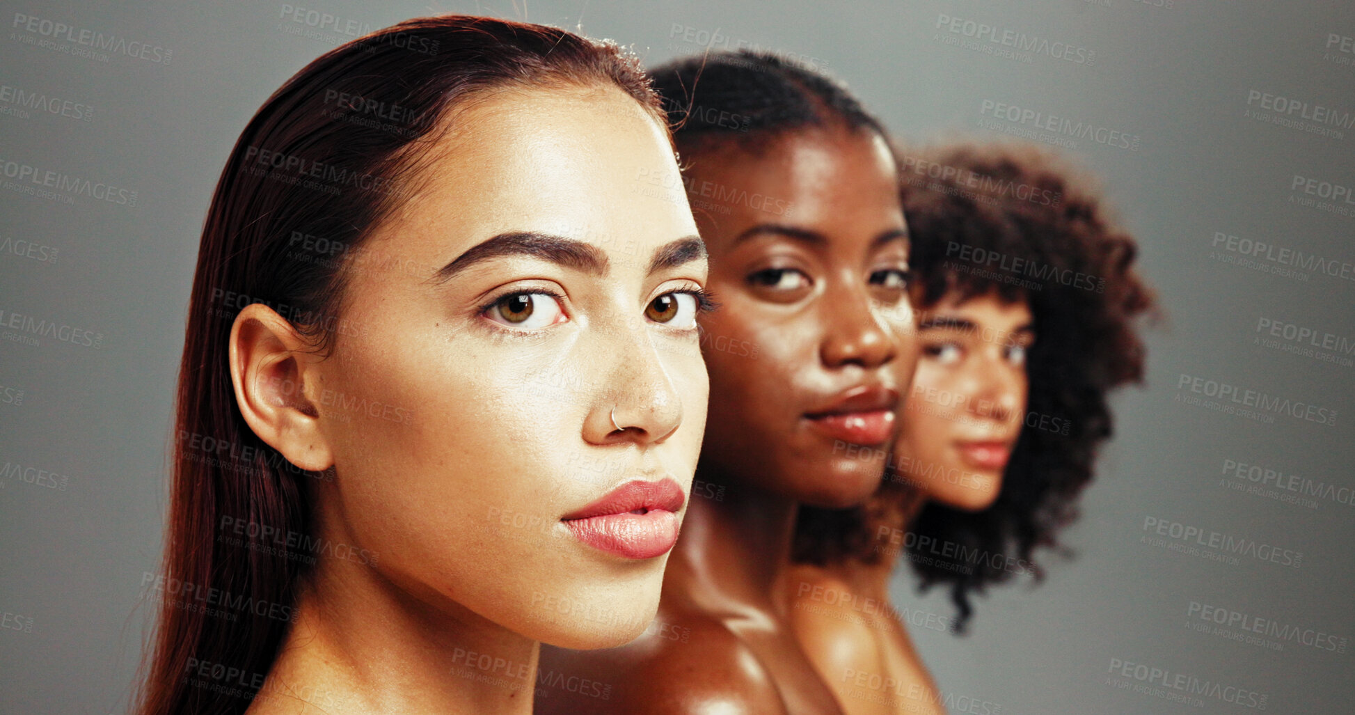 Buy stock photo Women, inclusion and confident for skincare in studio background for diverse beauty. Natural, people and serious or proud with glow on portrait in row for empowerment, body care and skin treatment
