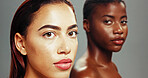 Women, beauty and portrait for skincare in studio background for diversity and inclusion. Natural, people and eyes closed with glow in confidence in row for empowerment, body care and skin treatment