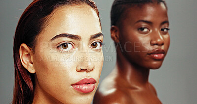 Buy stock photo Women, beauty and portrait for skincare in studio background for diversity and inclusion. Natural, people and eyes closed with glow in confidence in row for empowerment, body care and skin treatment