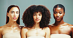 Women, inclusion and portrait for skincare in studio background for diverse beauty. Natural, people and eyes closed with glow in confidence with empowerment, body care and skin treatment or support