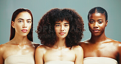 Buy stock photo Women, inclusion and portrait for skincare in studio background for diverse beauty. Natural, people and satisfied with glow in confidence with empowerment, body care and skin treatment or support