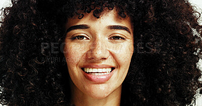 Buy stock photo Portrait, haircare and woman with afro, smile and treatment for protection of hairstyle and confident. Happy, beauty and hairdresser with healthy hair, proud and texture of hairdo, salon and Jamaica