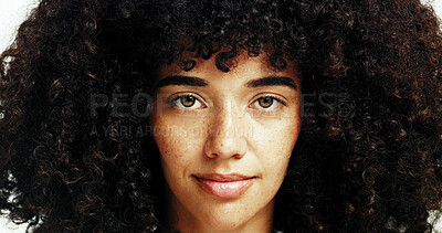 Buy stock photo Portrait, haircare and woman with afro, confident and treatment for protection of hairstyle and smile. Happy, beauty and hairdresser with healthy hair, proud and texture of hairdo, salon and Brazil