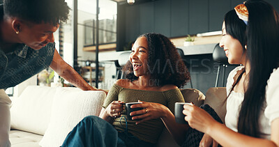 Buy stock photo Bonding, laughing and friends with coffee, home and listening to gossip, couch and drinks in living room. Happy, conversation and relax in lounge, tea and together in weekend, talk or people in house