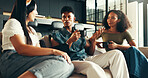 Bonding, talking and friends with coffee, home and listening to gossip, couch and drinks in living room. Happy, conversation and relax in lounge, tea and together in weekend, smile or people in house