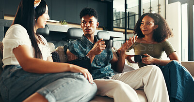 Buy stock photo Bonding, talking and friends with coffee, home and listening to gossip, couch and drinks in living room. Happy, conversation and relax in lounge, tea and together in weekend, smile or people in house