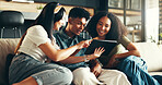 House, tablet and friends on sofa, typing and funny with weekend break, smile and relax. Happy people, apartment and women with man, tech and connection with digital app, comfort and bonding together