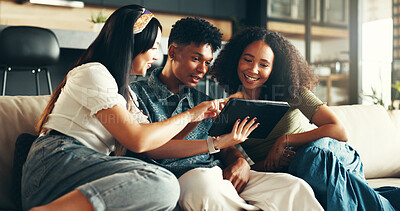 Buy stock photo House, tablet and friends on sofa, typing and funny with weekend break, smile and relax. Happy people, apartment and women with man, tech and connection with digital app, comfort and bonding together