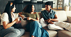 Bonding, smile and friends with coffee, home and listening to gossip, couch and drinks in living room. Happy, conversation and relax in lounge, tea and together in weekend, talking or people in house