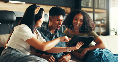 Buy stock photo Home, tablet and friends on sofa, typing and funny with weekend break, smile and bonding together. People, apartment and women with man, tech and social media with happiness, comfort or online video