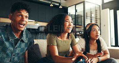Buy stock photo Friends, people and surprise with watching tv in home for football match, team support and suspense for goal. Sport game, stress and live streaming tournament on sofa with contemplation and passion