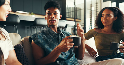 Buy stock photo Bonding, conversation and friends with coffee, home and listening to gossip, couch and drinks in living room. Happy, talking and relax in lounge, tea and together in weekend, smile or people in house
