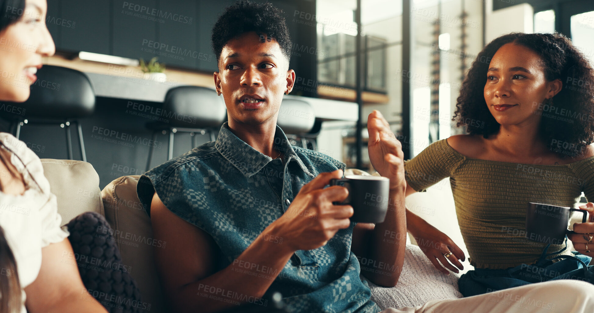 Buy stock photo Bonding, conversation and friends with coffee, home and listening to gossip, couch and drinks in living room. Happy, talking and relax in lounge, tea and together in weekend, smile or people in house