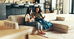 Bonding, chat and friends with coffee, home and listening to gossip, couch and drinks in living room. Happy, conversation and relax in lounge, tea and together in weekend, talking and people in house