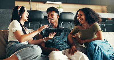 Buy stock photo Happy friends, tablet and funny post in living room as social media, online and watching video. Female people, man and laughing on technology in home as bonding, relax or together on sofa as cheerful