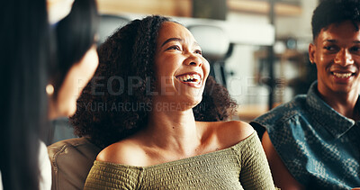Buy stock photo House, friends and people on sofa, funny and bonding together with happiness, relax and comfort. Group, apartment and man with women, laughing and weekend break with humor, joke and entertainment