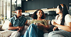 Bonding, listening and friends with coffee, home and smile for gossip, couch or drinks in living room. Happy, conversation and relax in lounge, tea and together in weekend, talking or people in house