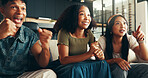 Friends, people and excited with watching tv on sofa for sports match, team support and suspense for goal. Football game, group and live streaming tournament in home with results celebration and win