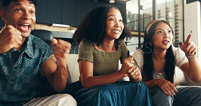Buy stock photo Friends, people and excited with watching tv on sofa for sports match, team support and suspense for goal. Football game, group and live streaming tournament in home with results celebration and win