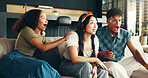 Friends, people and surprise with watching tv in home for sports match, team passion and suspense for goal. Football game, fans or live streaming tournament on sofa with event celebration and bonding