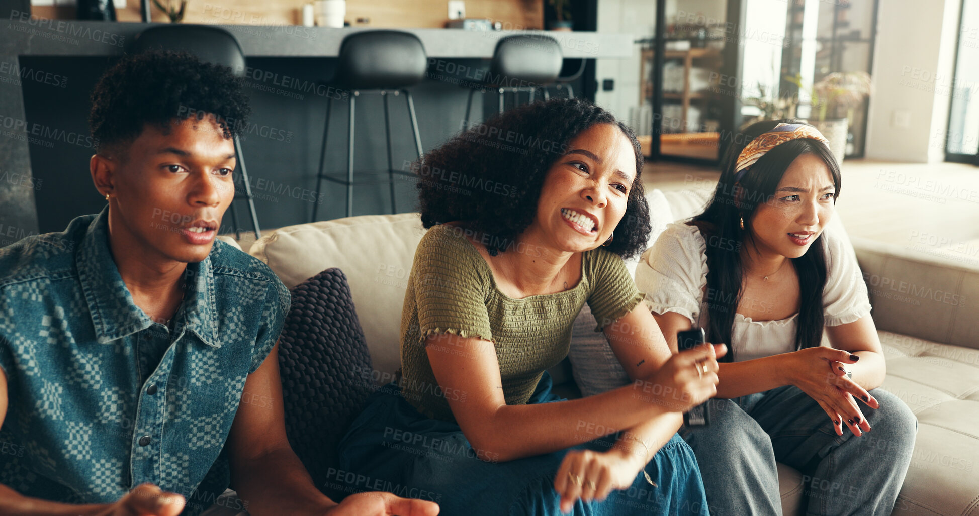 Buy stock photo Friends, people and stress with watching tv in home for sports match, goal fail and suspense for results. Football game, nervous and live streaming tournament on sofa with team support and passion
