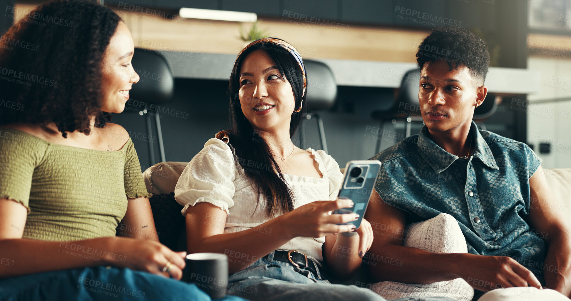 Buy stock photo House, cellphone and friends on sofa, typing and network with weekend break, smile and relax. People, apartment and women with man, smartphone and talking with connection, comfort or bonding together