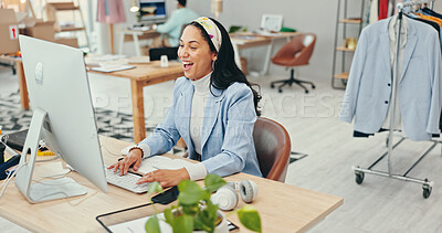 Buy stock photo fashion designer, success or woman on computer excited by  clothing style approval or product aesthetic. Small business, entrepreneur or reading good news for ecommerce profit for online revenue goal