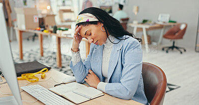 Buy stock photo Small business, woman and tired on computer as fashion designer with headache for logistics deadline. Female person, entrepreneur and exhausted with production crisis, backlog and schedule for orders