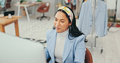 Buy stock photo Fashion designer, small business or woman on computer for planning clothing style or startup product. Creative, female entrepreneur or research project for information for online ideas or blog trends