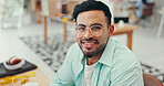 Creative, glasses and portrait of fashion designer man in textile workshop for production. Clothing, confident and small business with happy style director at desk in office for manufacturing process