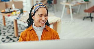 Buy stock photo Fashion designer, happy woman and reading on computer for planning clothing style and product. Small business, entrepreneur or research project for information for online ideas or creative trends