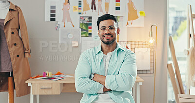 Buy stock photo Arms crossed, creative and portrait of fashion designer man in textile workshop for production. Clothes, glasses and wall with happy style director at desk in office for manufacturing process