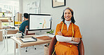 Arms crossed, computer and portrait with fashion designer woman in textile workshop. Desktop, measuring tape and smile with happy style director in office for clothes production or manufacturing