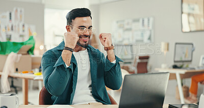 Buy stock photo Business, man and fist on laptop as fashion designer with smile on email notification, good news and loan approval. Male person, entrepreneur and excited or happy at office for workshop funding 