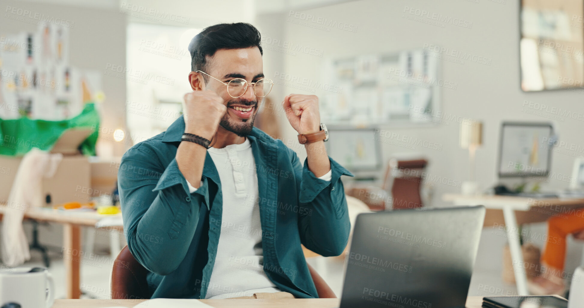 Buy stock photo Business, man and fist on laptop as fashion designer with smile on email notification, good news and loan approval. Male person, entrepreneur and excited or happy at office for workshop funding 