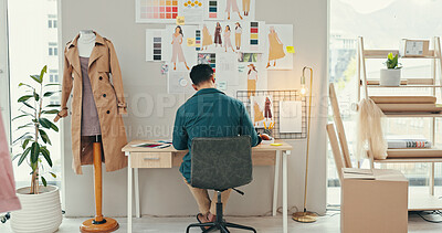 Buy stock photo Desk, mannequin and wall with fashion designer man in textile workshop from back. Creative, project management and small business with style director in office for clothes production or manufacturing