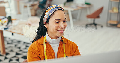 Buy stock photo Happy, woman and fashion designer on computer at office for online orders, delivery and supply chain. Female person, entrepreneur and smile for workshop management for clothes and logistics industry