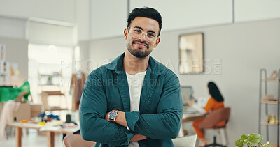 Buy stock photo Small business, man and smile with arms crossed as fashion designer for career growth and opportunity. Male person, portrait and happy in confidence at office for startup workshop and production