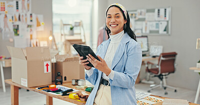 Buy stock photo Woman, tablet and portrait for small business, ecommerce and fashion boutique startup for online sales. Designer, technology and digital website for internet store, retail service and quality control