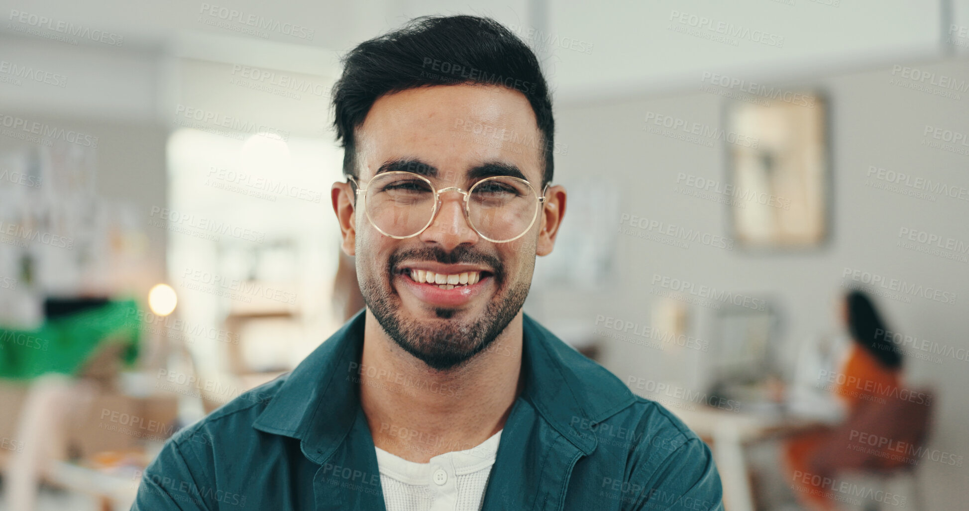 Buy stock photo Small business, man and happy on portrait as fashion designer for career growth at office. Male person, entrepreneur and smile with pride or confidence for opportunity in textile and clothes industry