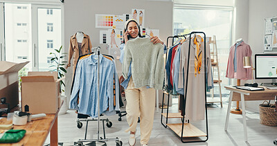 Buy stock photo Woman, fashion designer and happy phone call with clothes rack for communication and conversation. Female person, entrepreneur and smile at office or workshop for cargo, delivery and online order