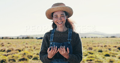 Buy stock photo Portrait, farm and woman with tablet, smile and agriculture with sustainability, countryside or connection. Happy person, outdoor or farmer with tech, digital app for online weather report or harvest