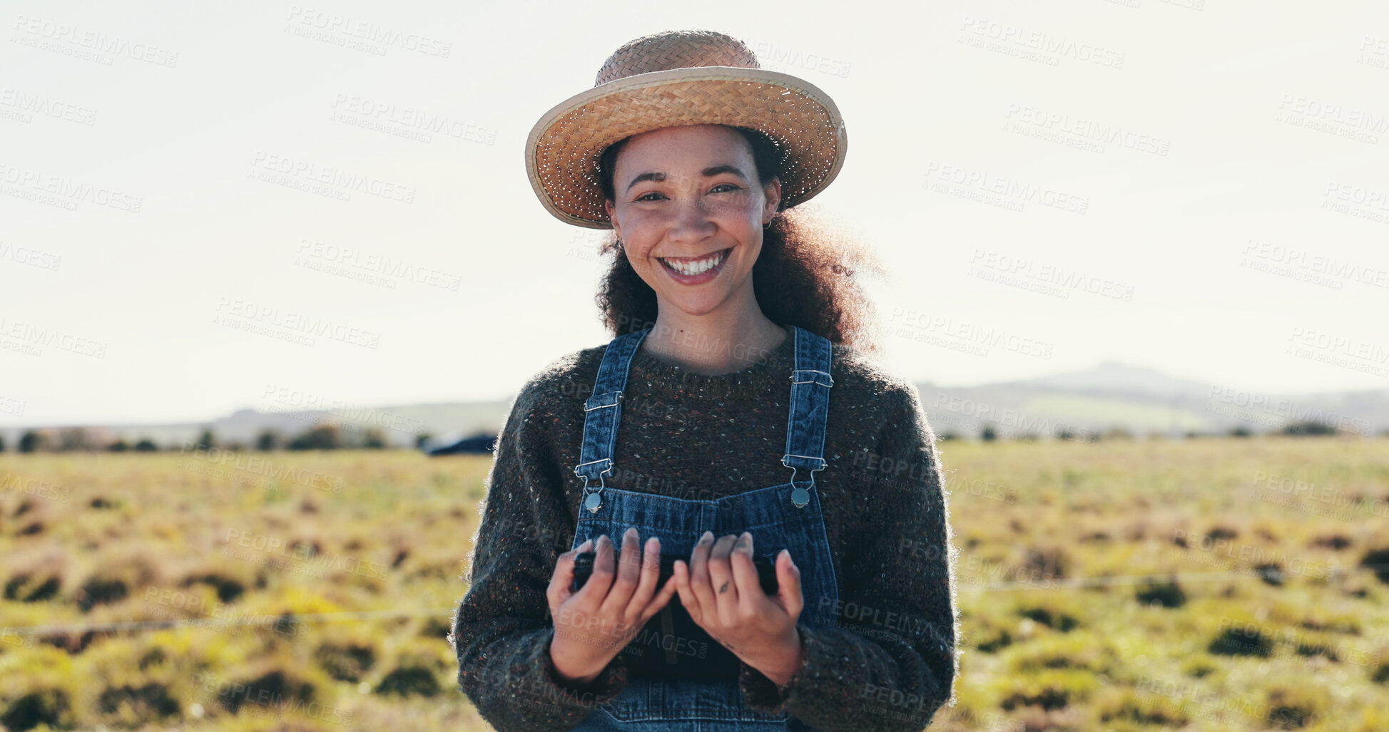 Buy stock photo Portrait, farm and woman with tablet, smile and agriculture with sustainability, countryside or connection. Happy person, outdoor or farmer with tech, digital app for online weather report or harvest